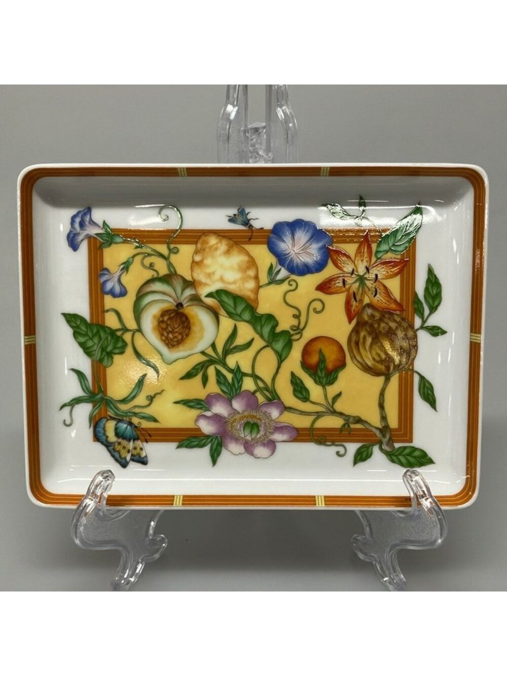 Hermes Siesta White Orange Multi Case Floral Pattern Square Plate
